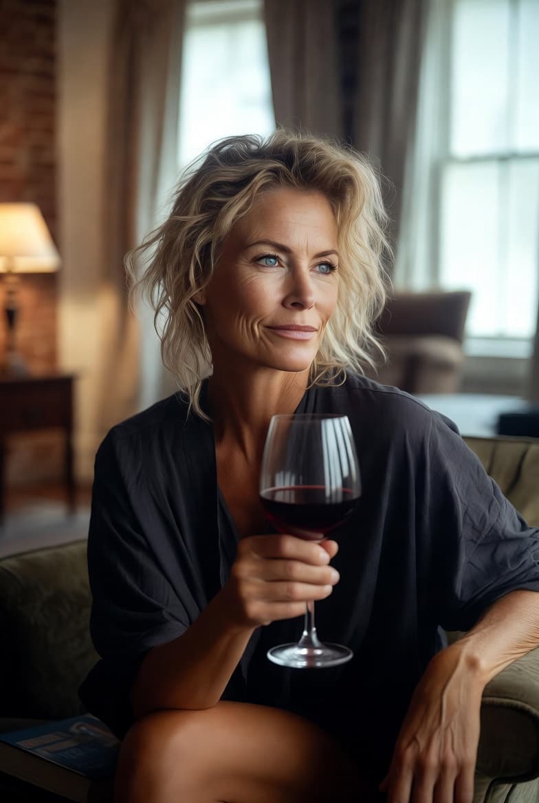 A poised woman with tousled blonde hair sits on a couch holding a glass of red wine.