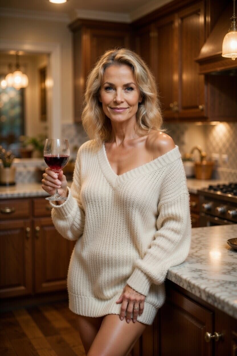 A radiant woman in a cozy cream sweater leans against the kitchen counter while holding a glass of red wine.