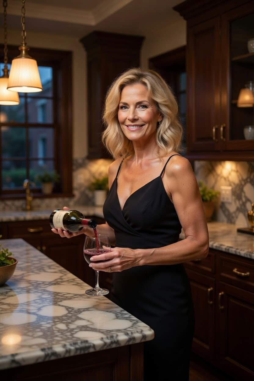 Elegant woman smiling while pouring red wine in a warmly lit kitchen.