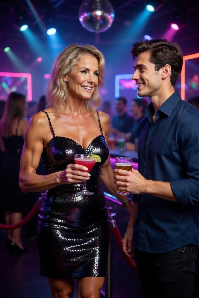 Radiant woman in a sparkling black dress smiles while holding a cocktail at a lively nightclub.