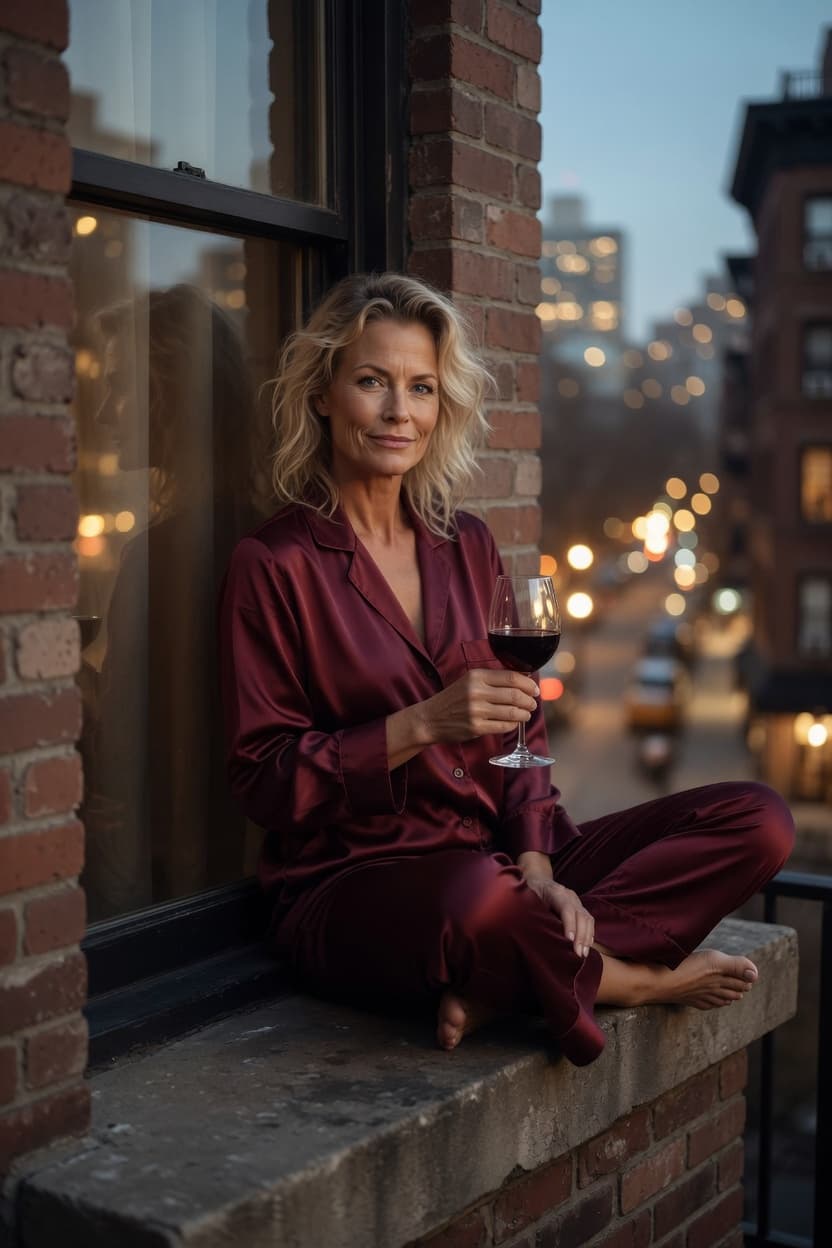 A poised woman in a burgundy satin pajama set sits barefoot on a brick balcony at dusk, holding a glass of red wine while gazing at the viewer.