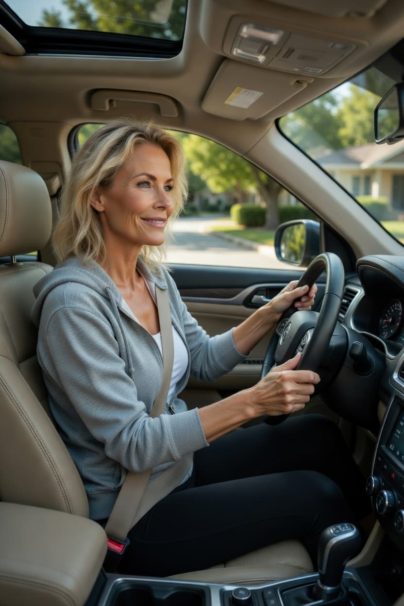 A poised woman smiles while driving her car on a sunny suburban street.