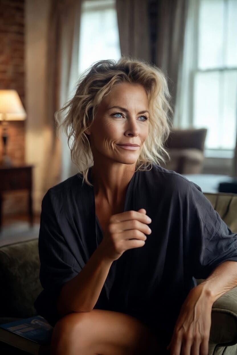 A poised woman with tousled blonde hair sits confidently in a sunlit living room, gazing directly at the viewer.