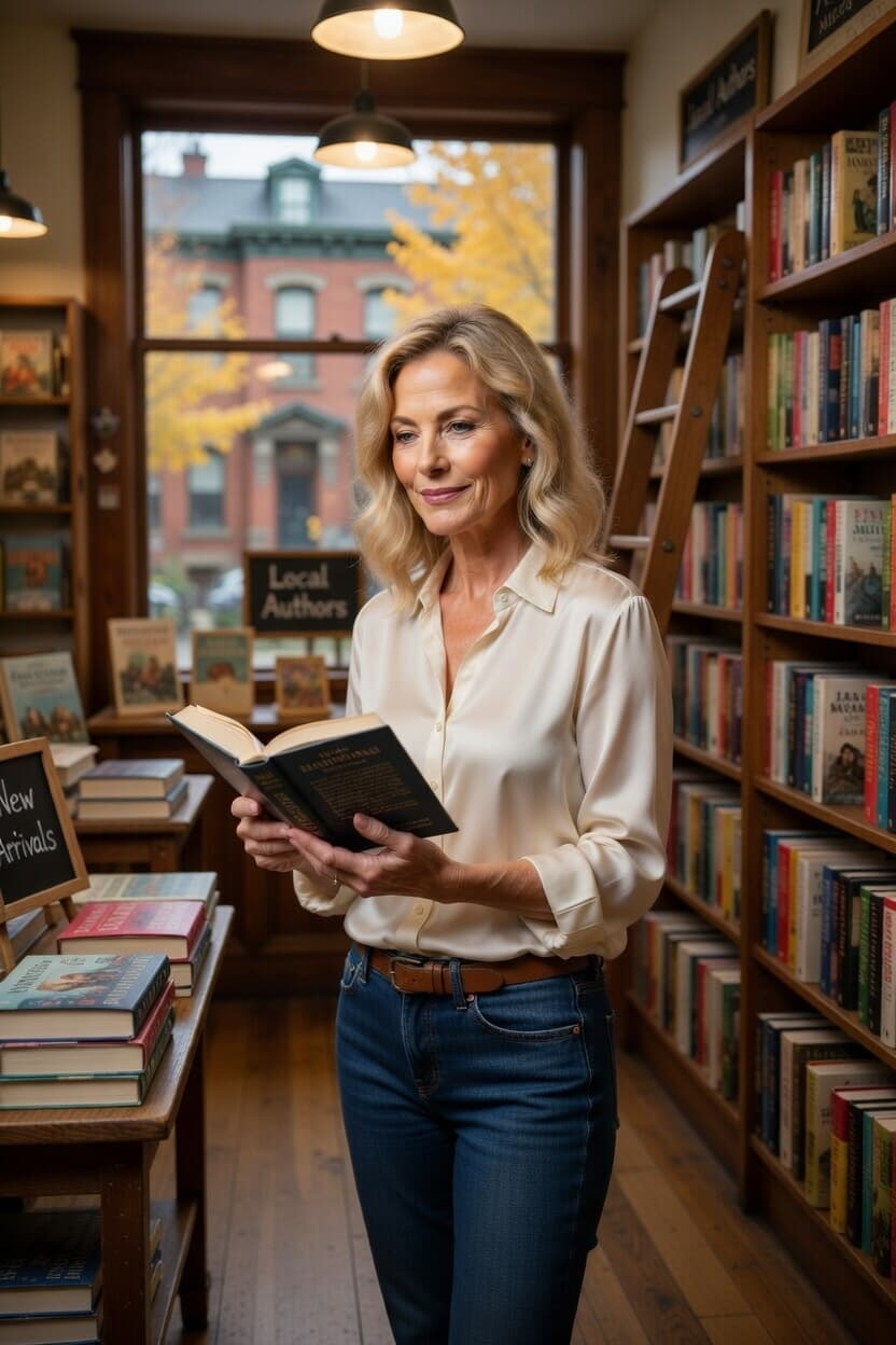 A poised woman stands in a cozy bookstore holding an open book and gazing at the camera with a gentle smile.