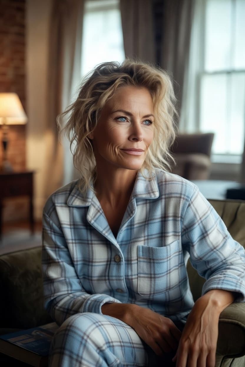 A poised woman in plaid pajamas sits comfortably in a sunlit living room, gazing thoughtfully to the side.