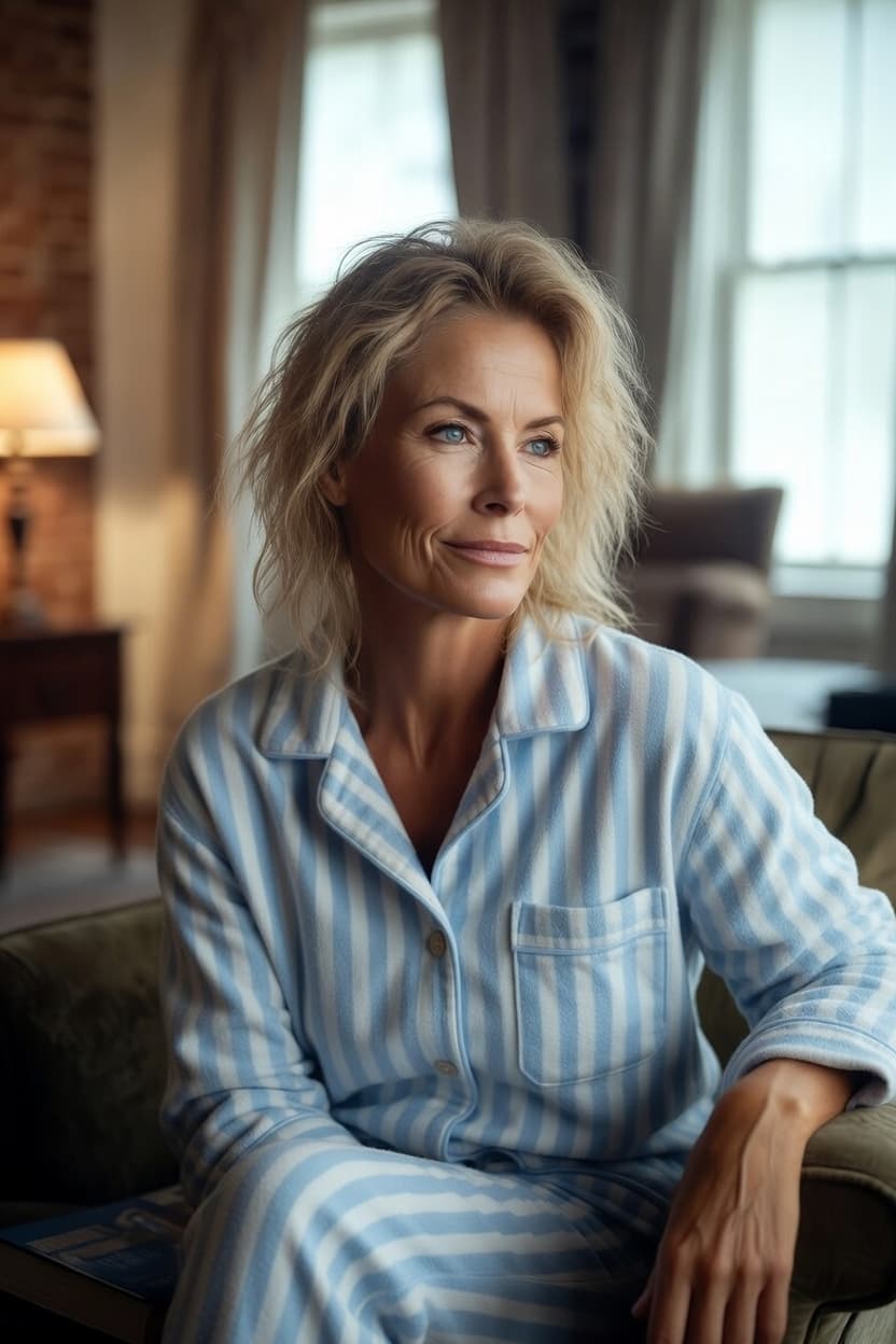 A poised woman in striped pajamas sits comfortably in a sunlit living room, gazing thoughtfully at the viewer.