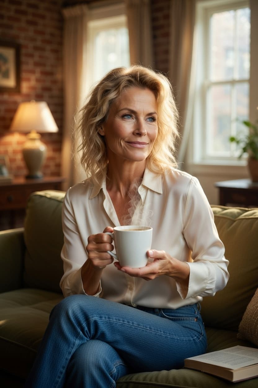 A radiant woman sits comfortably on a cozy couch, holding a steaming mug and gazing thoughtfully into the distance.