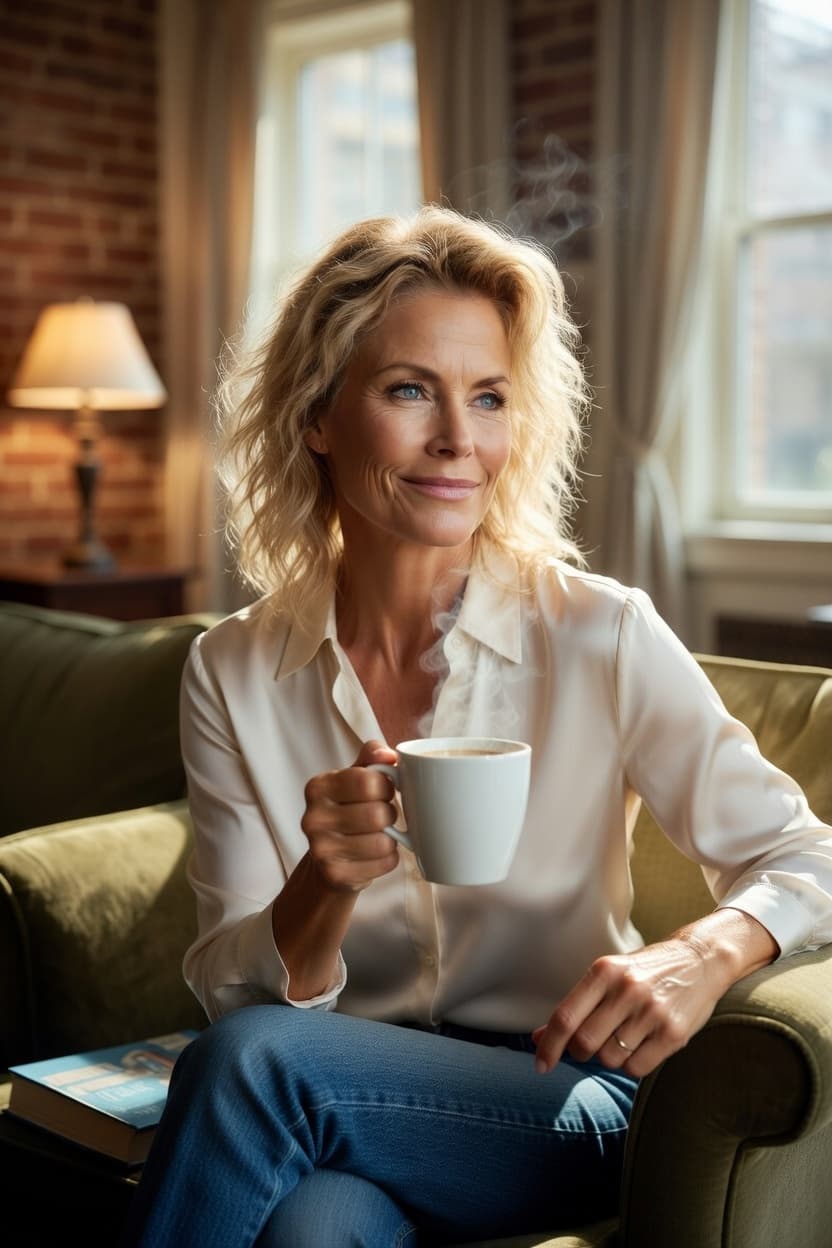 A radiant woman enjoys a peaceful morning moment with her coffee in a sunlit living room.