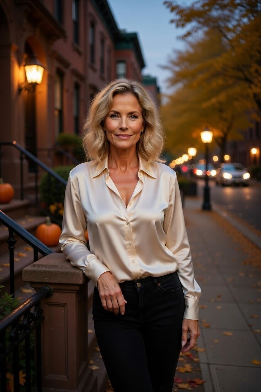 A poised woman leans against a brownstone railing on a quiet city street at dusk.