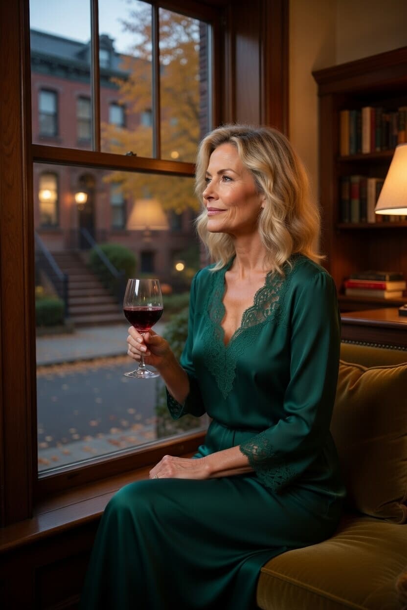 Elegant woman in emerald green robe sits by the window with a glass of red wine, gazing thoughtfully at the autumn evening.