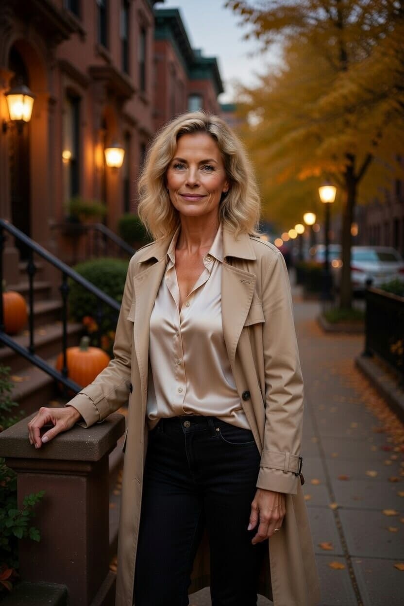 A poised woman in a beige trench coat stands on a charming autumn city street at dusk.