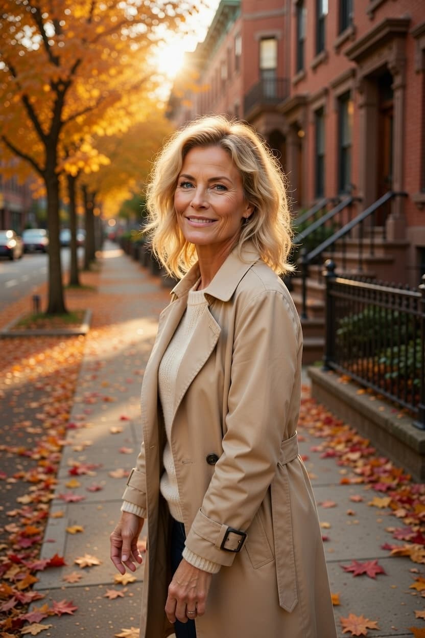 A radiant woman in a beige trench coat smiles warmly on a leaf-strewn autumn sidewalk during golden hour.