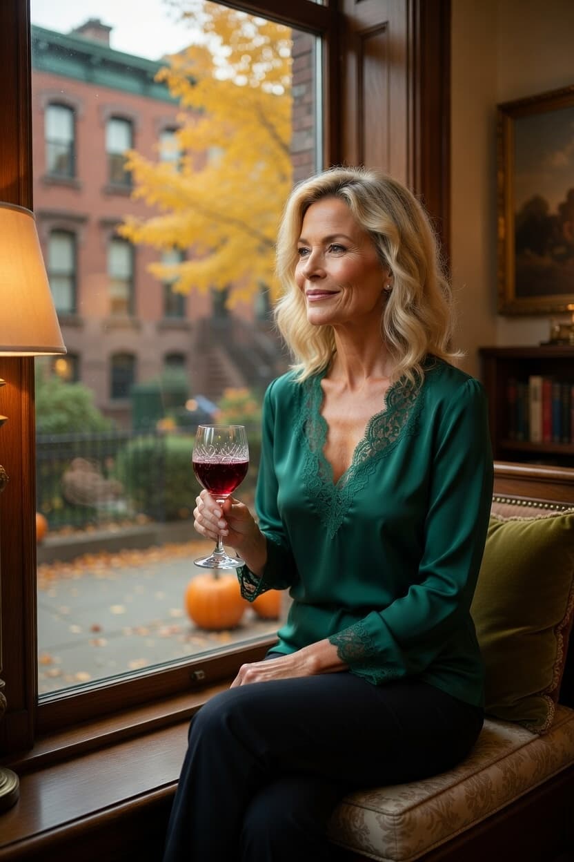 Elegant woman with a serene smile enjoys a glass of red wine by the window on an autumn evening.