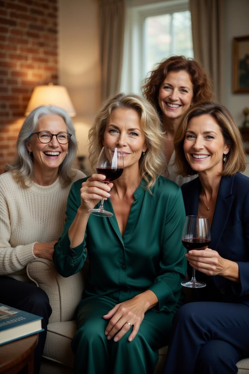 Three elegant women sharing a joyful moment with red wine in a cozy living room.
