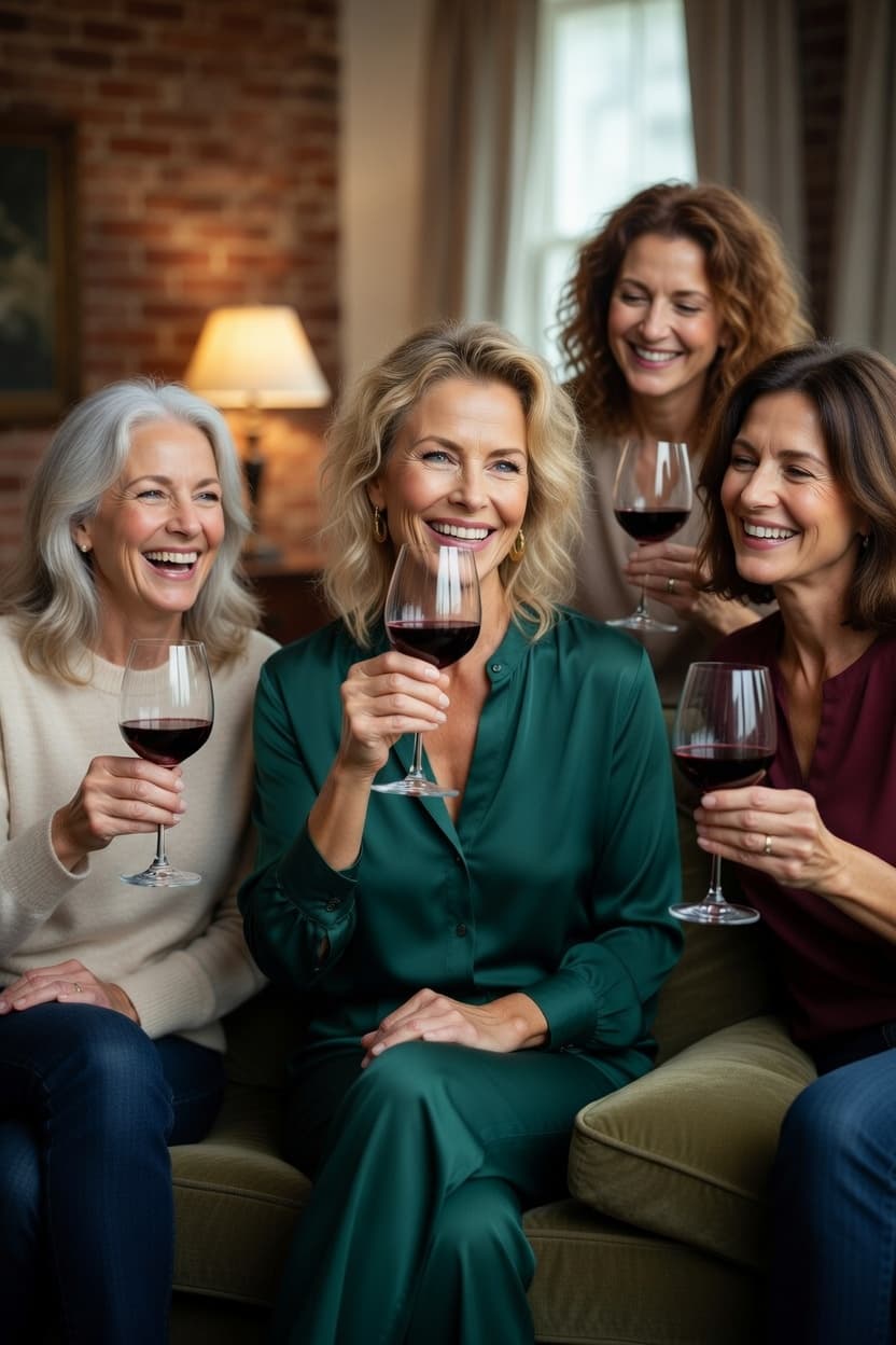 Four women of different ages laughing together while toasting with red wine on a cozy couch.