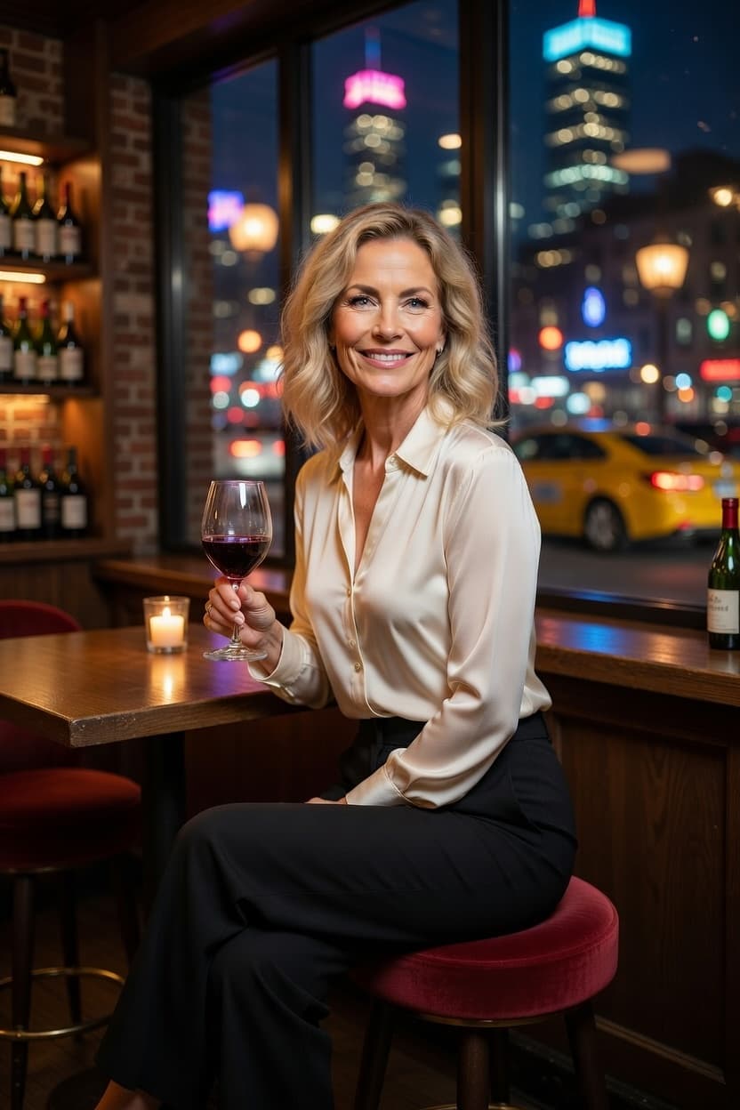 Elegant woman with a radiant smile enjoys a glass of red wine at a chic city restaurant with glowing skyline views.