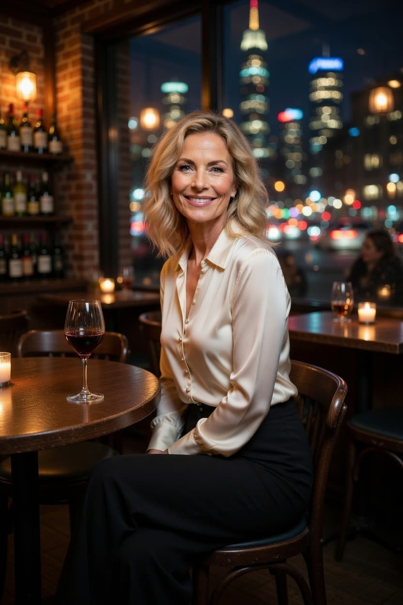 A radiant woman smiles warmly while seated at a cozy restaurant table overlooking the glittering nighttime city skyline.