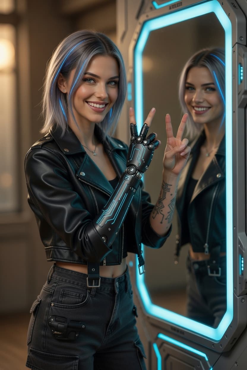 A woman with a cybernetic arm smiles playfully while making a peace sign in front of a glowing futuristic mirror.