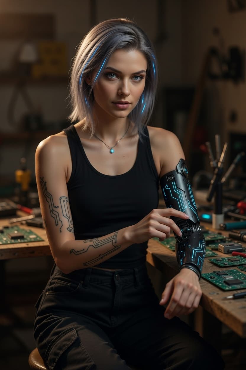 A poised young woman with cybernetic arm enhancements sits at her tech-filled workbench, gazing directly at the viewer.
