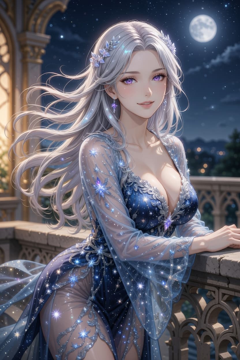 A radiant woman with flowing silver hair leans gracefully on a moonlit balcony in an enchanting starry gown.