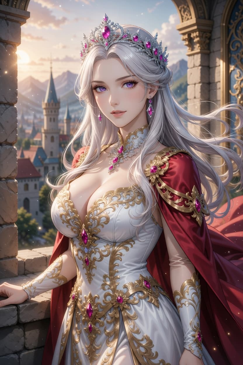 Elegant princess with flowing silver hair stands poised on a castle balcony at sunset.