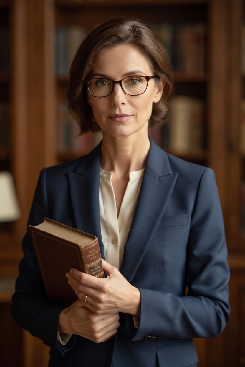 A poised woman in a tailored navy blazer holds a vintage book while gazing directly at the viewer in a classic library setting.