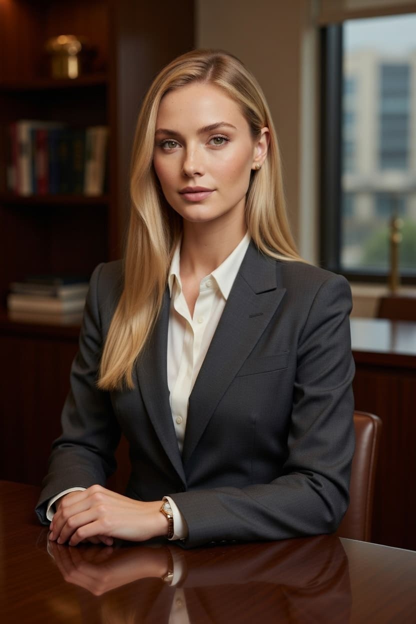 A poised professional woman in a tailored blazer sits confidently at a polished wooden desk in a sunlit office.