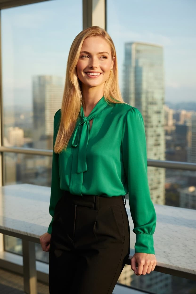 A radiant woman in an emerald blouse smiles confidently on a high-rise balcony overlooking the city skyline at golden hour.