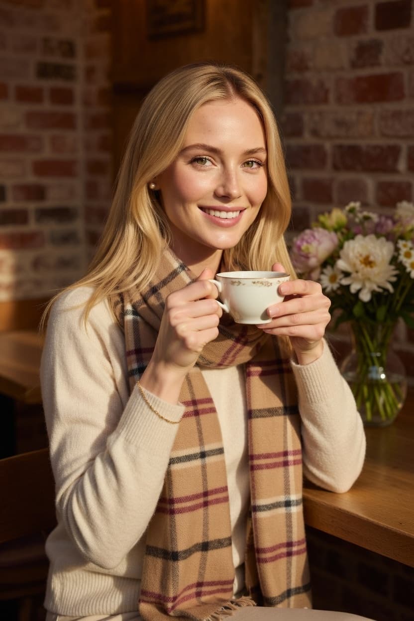 A radiant blonde woman smiles warmly while holding a teacup in a sunlit cafe.