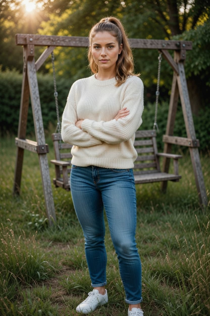 A poised young woman stands with arms crossed in a sunlit backyard beside a wooden swing set.