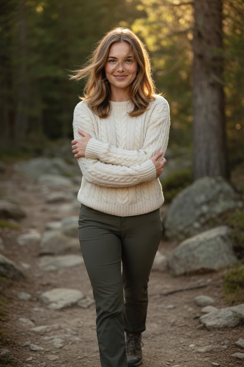 A woman in a cozy cream sweater stands on a forest trail with arms crossed, smiling softly during golden hour.