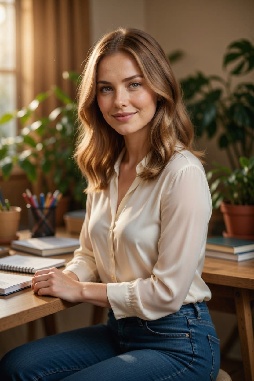 A radiant woman with a gentle smile sits at her sunlit home office desk surrounded by notebooks and lush plants.