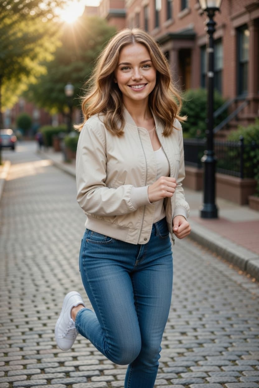 A radiant young woman with a bright smile walks playfully along a sunlit cobblestone city street during golden hour.