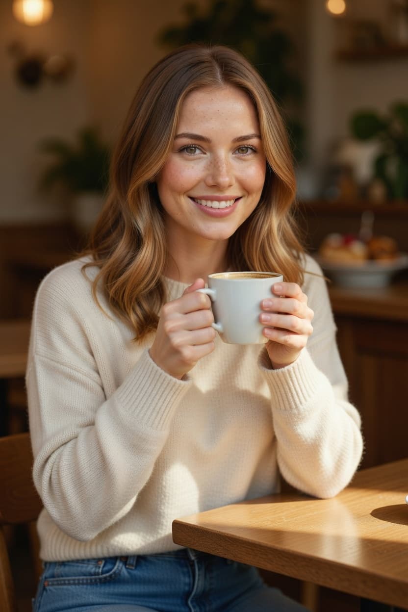 A radiant woman with a warm smile holds a steaming coffee mug while sitting in a sunlit cafe.