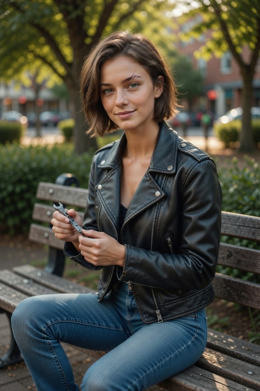 A confident young woman in a black leather jacket sits on a park bench during golden hour.
