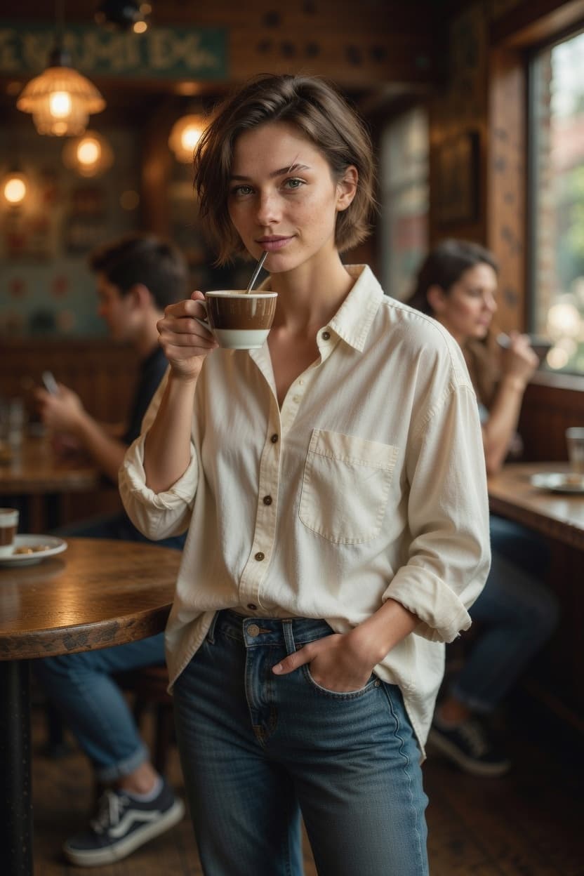 A poised young woman enjoys her coffee while standing in a cozy cafe.