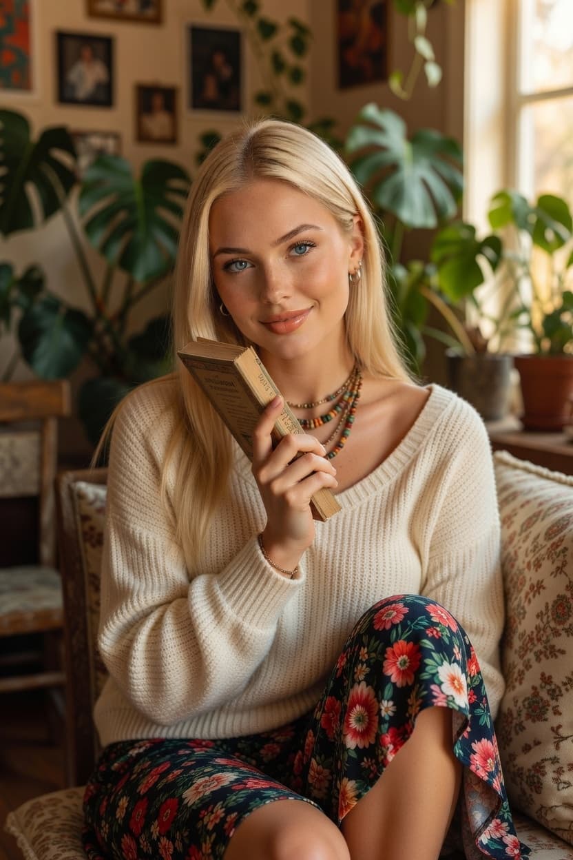 A radiant young woman sits comfortably with a book in a sunlit living room filled with lush plants.