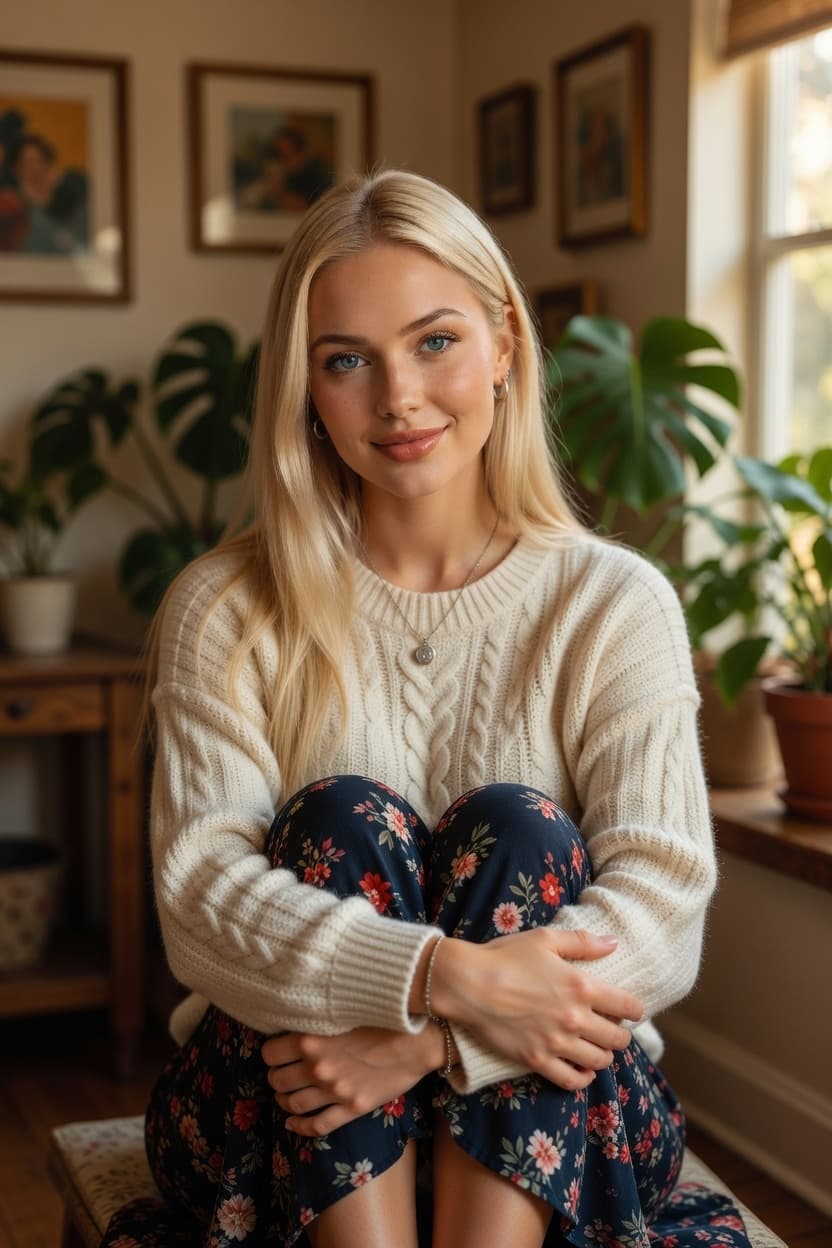 A radiant blonde woman sits gracefully by a sunlit window surrounded by lush houseplants.