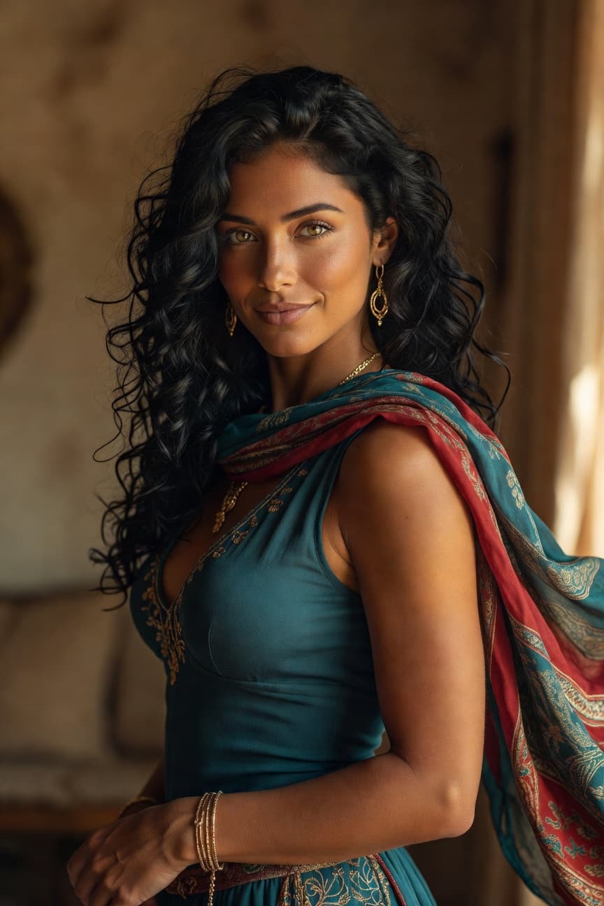 A woman with flowing dark hair stands gracefully in an elegant teal and gold embroidered dress with a colorful shawl draped over her shoulder.