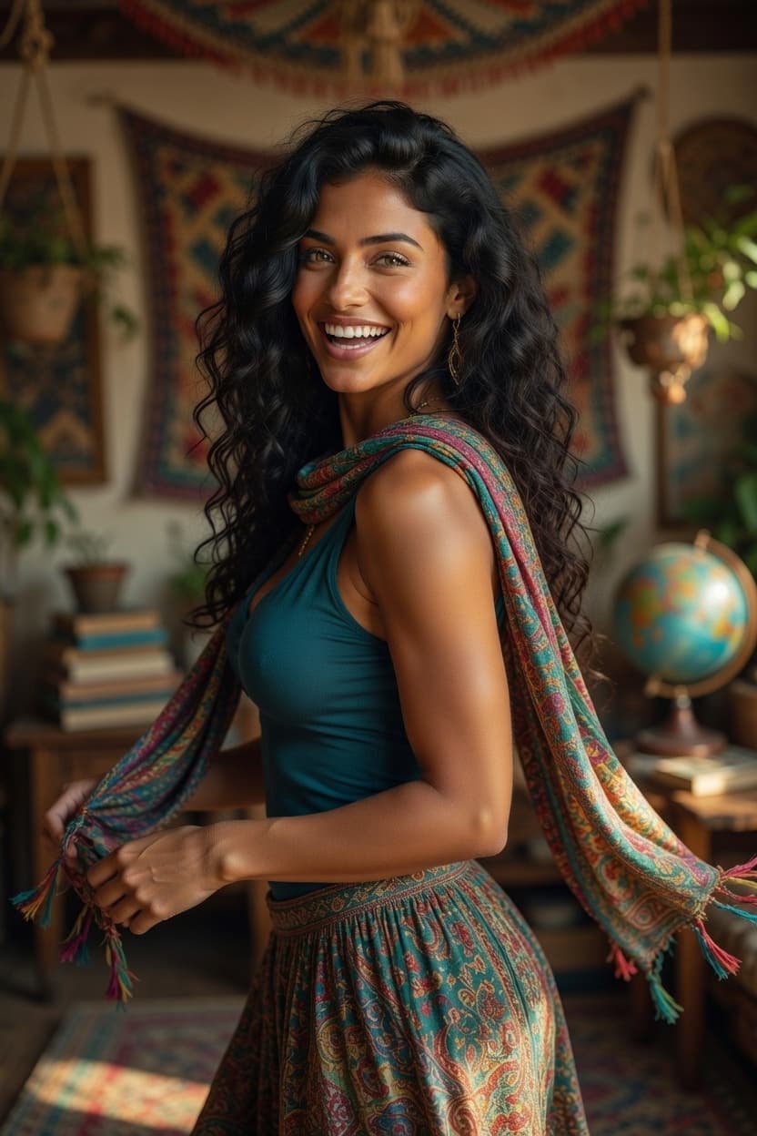 A radiant woman with flowing curly hair smiles playfully while holding the ends of her colorful patterned scarf in a boho-inspired room.