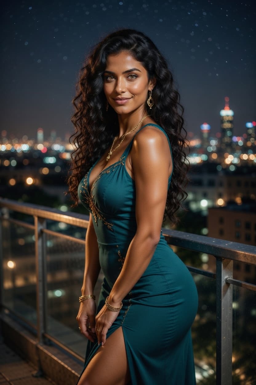A poised woman in an emerald gown stands on a balcony overlooking the glittering city skyline at night.