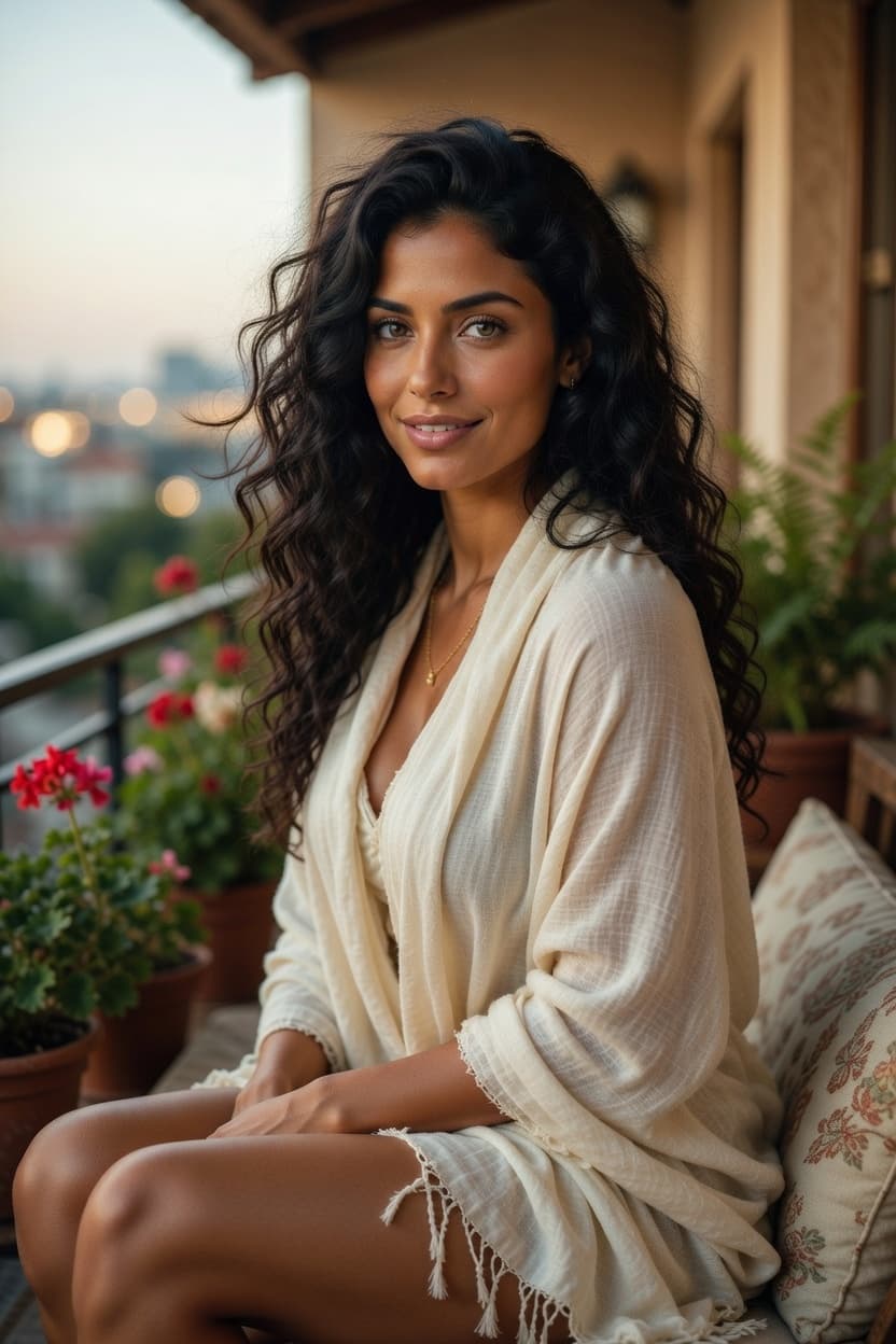 A radiant woman with flowing dark curls sits on a balcony at golden hour, surrounded by potted flowers and city views.