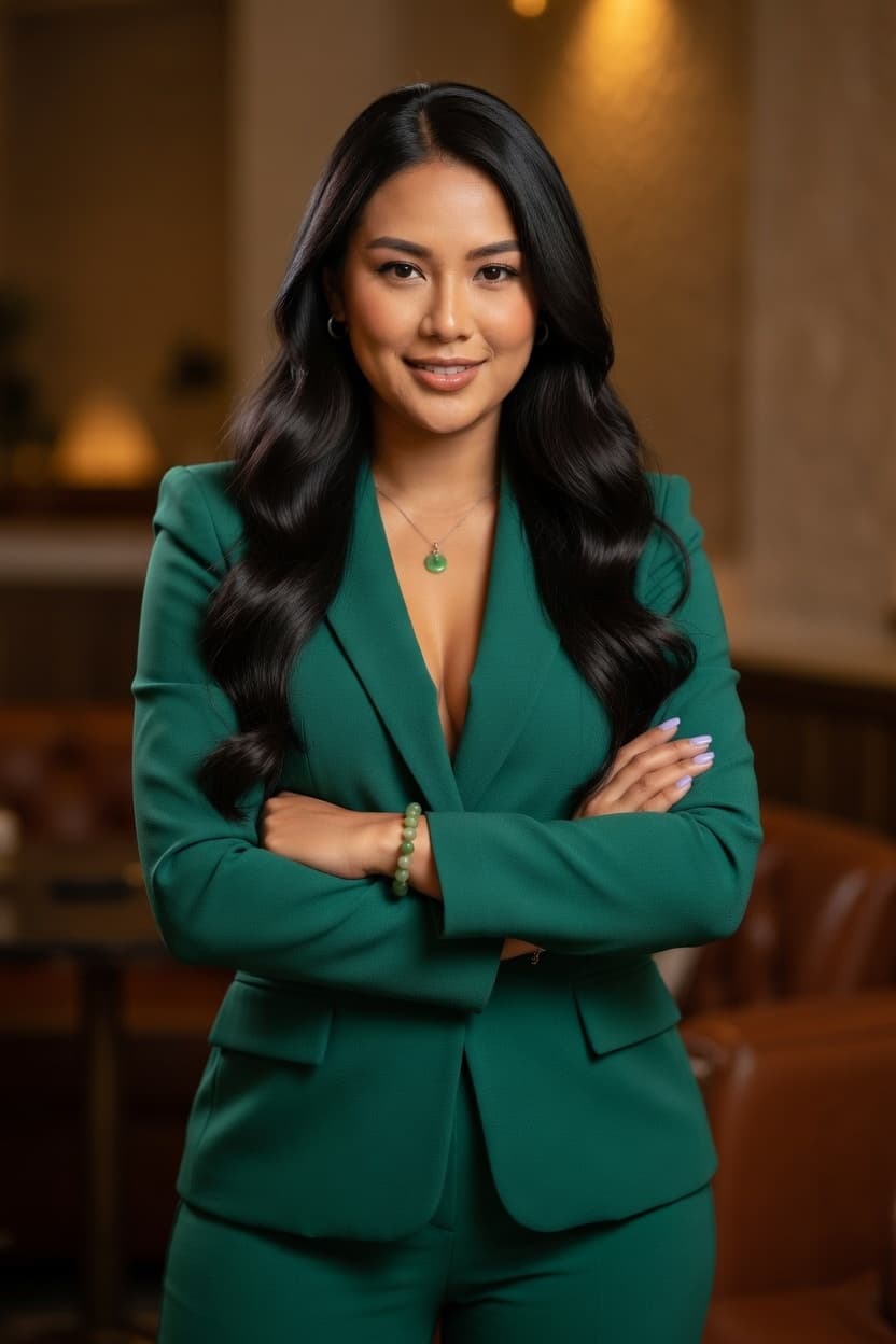 A poised woman in an emerald green pantsuit stands with arms crossed, radiating confidence.