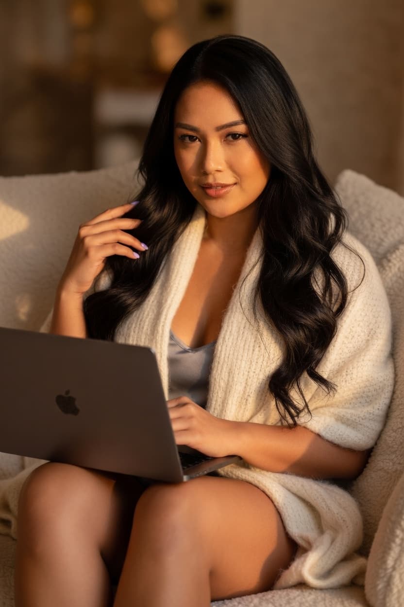 A woman in a cozy knit cardigan sits comfortably with her laptop during golden hour.