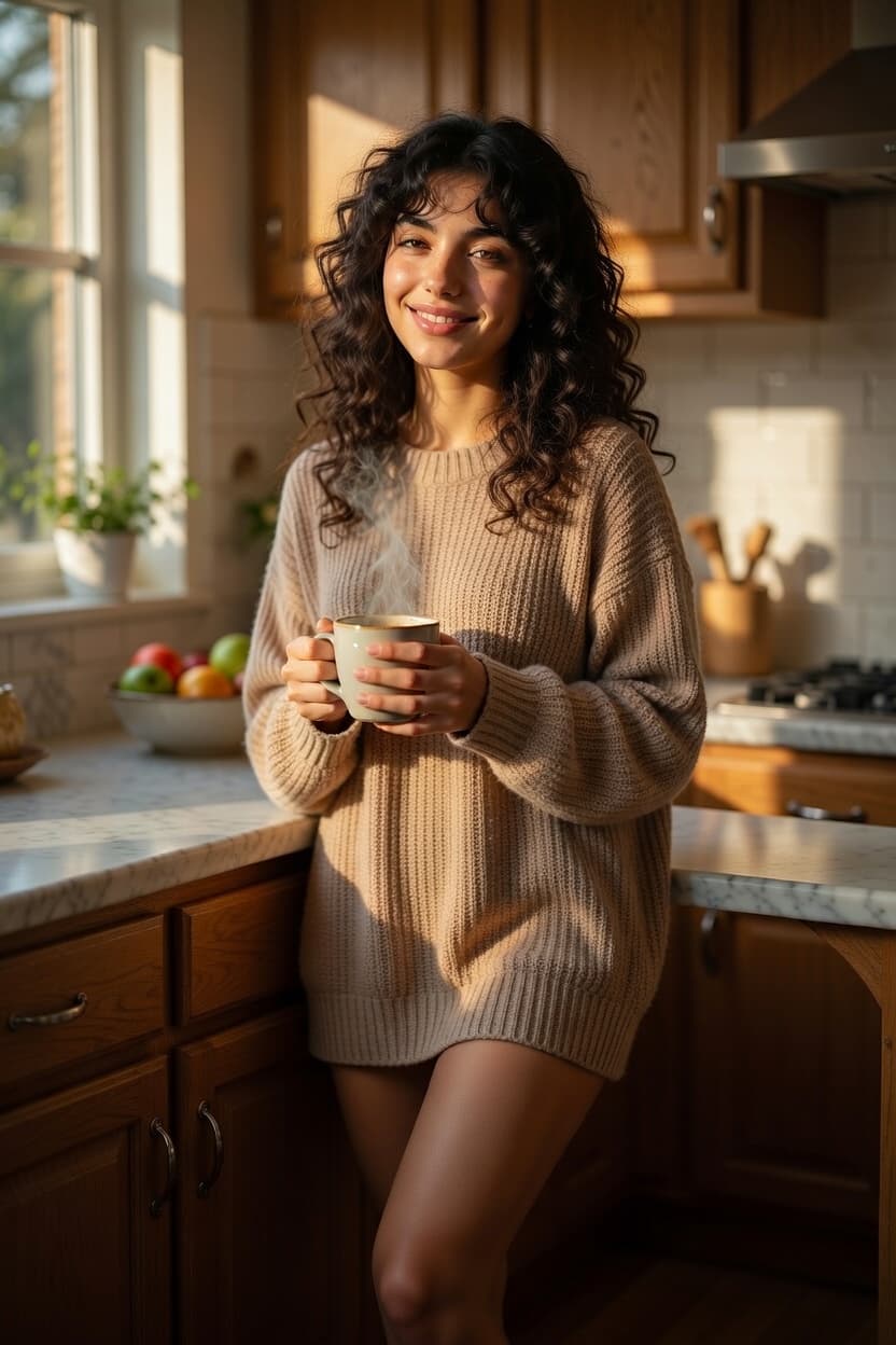 A radiant woman with curly hair smiles while holding a steaming mug in a sunlit kitchen.