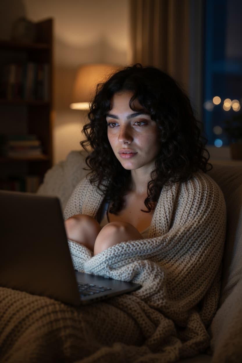 A woman with curly dark hair sits wrapped in a chunky knit blanket on the couch, focused on her laptop in a warmly lit room.