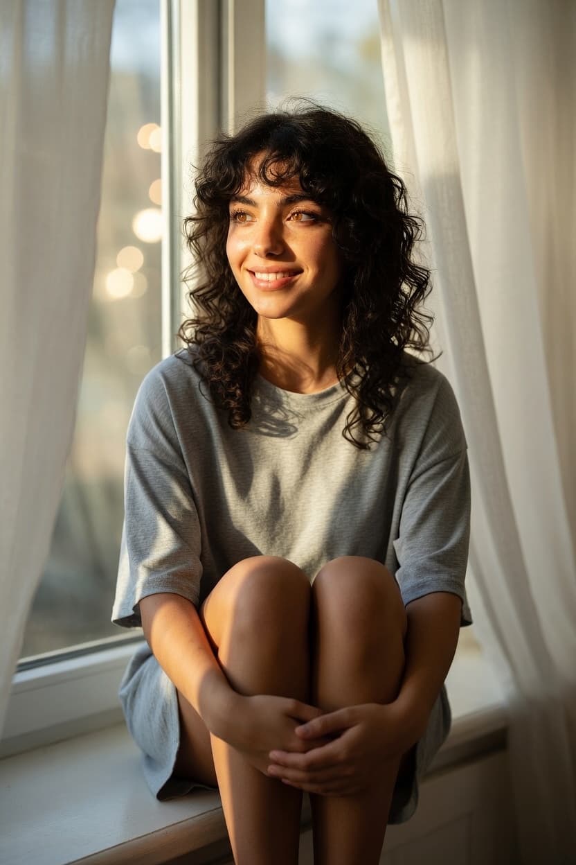 A young woman with curly dark hair sits cozily on a sunlit windowsill, smiling warmly at the camera.