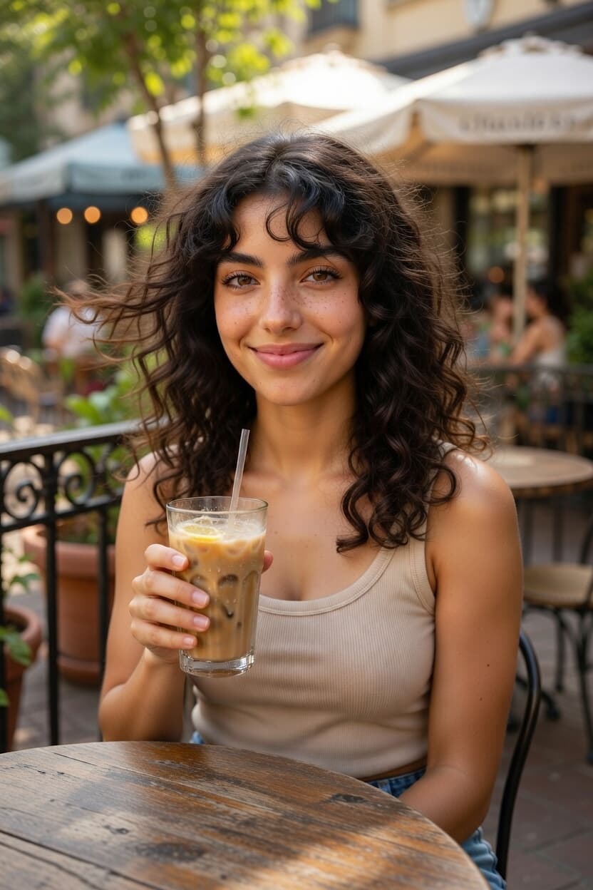 A radiant young woman with curly dark hair smiles playfully while holding an iced coffee at an outdoor cafe.