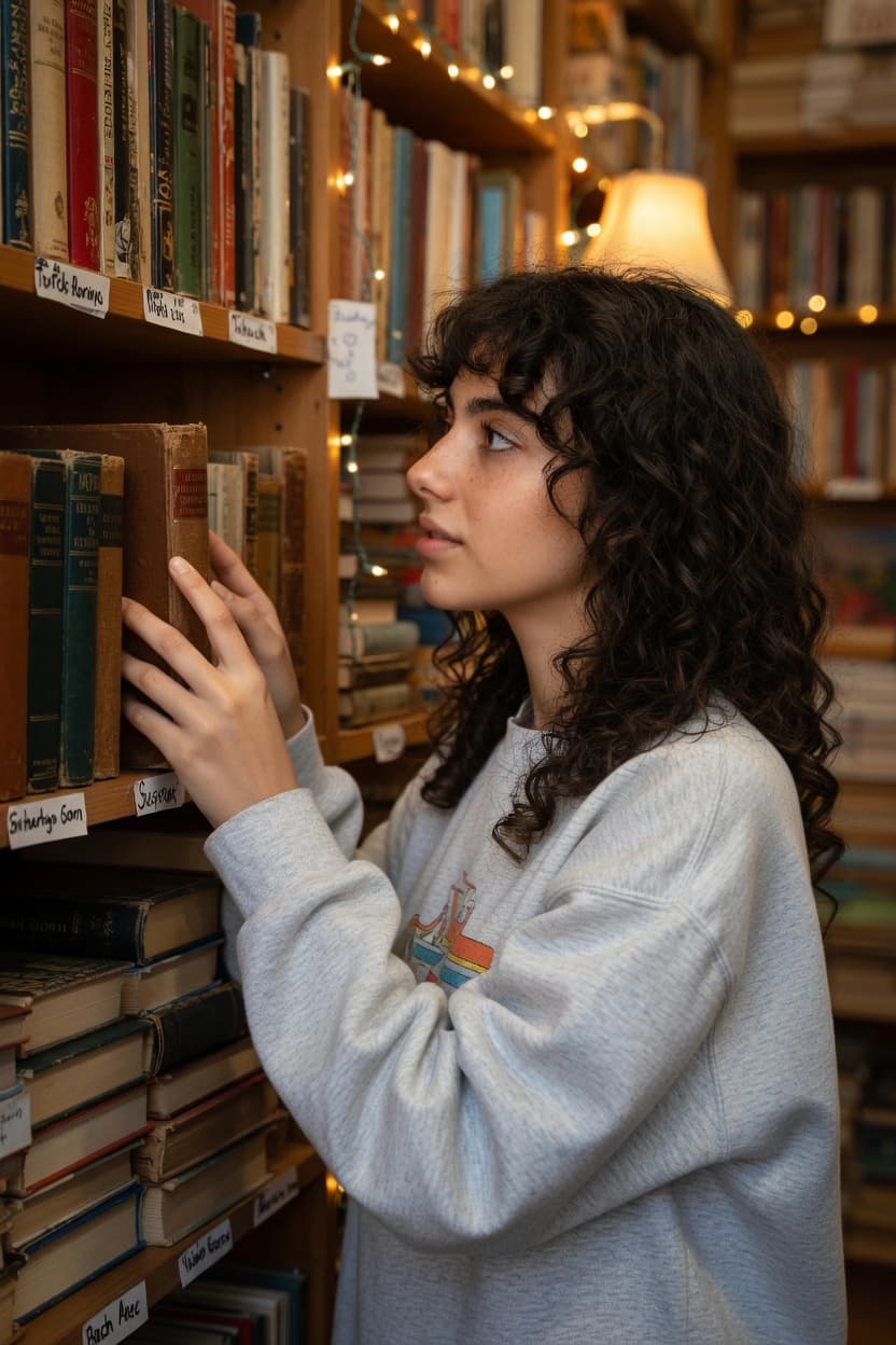 A young woman with curly dark hair stands in a cozy library, gently touching the spines of old books while lost in thought.