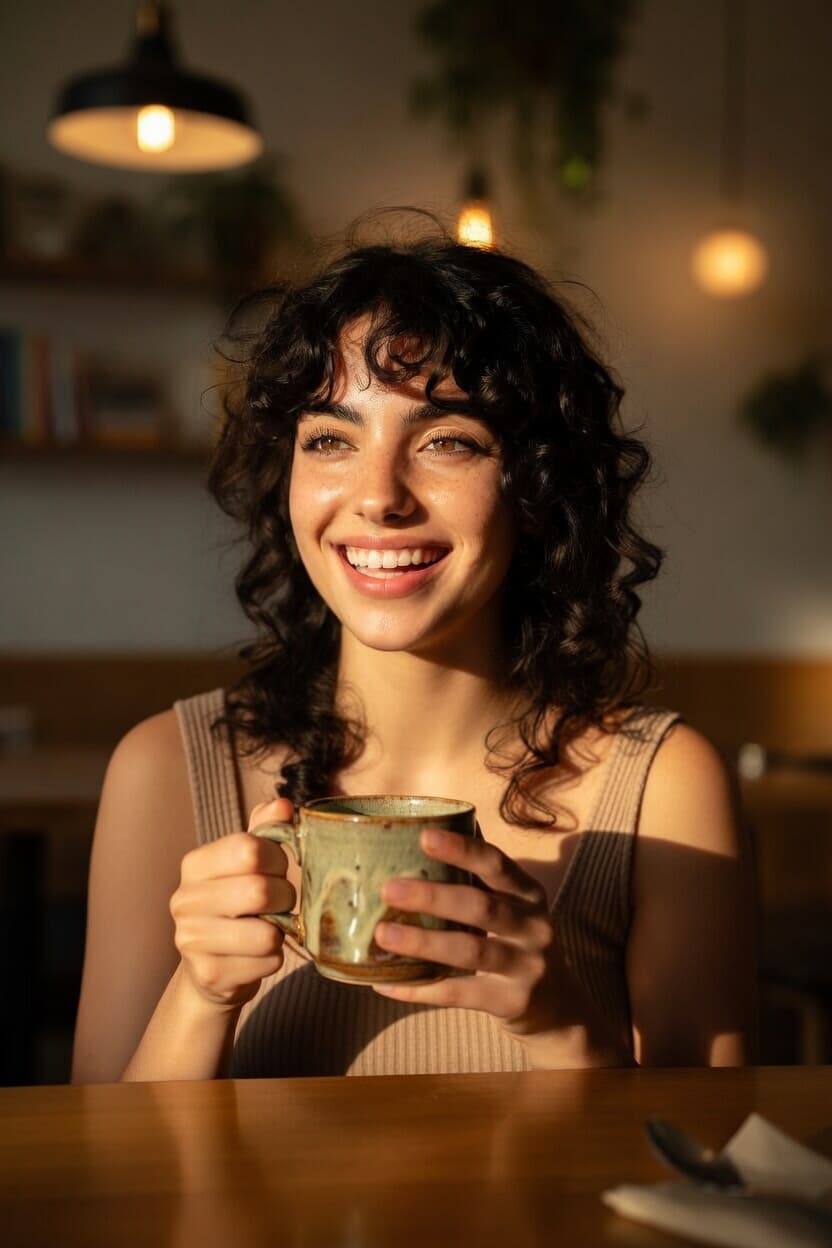 A radiant young woman with curly dark hair smiles warmly while holding a ceramic coffee mug in a sunlit cafe.